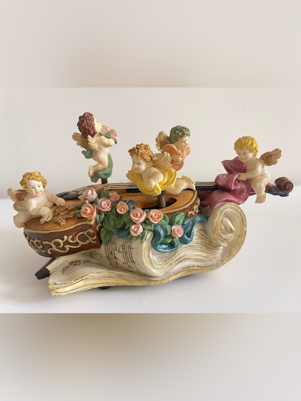 Vintage Violin Music Box Rotating Cherubs Angels Berkley Designs Plays Ava Maria